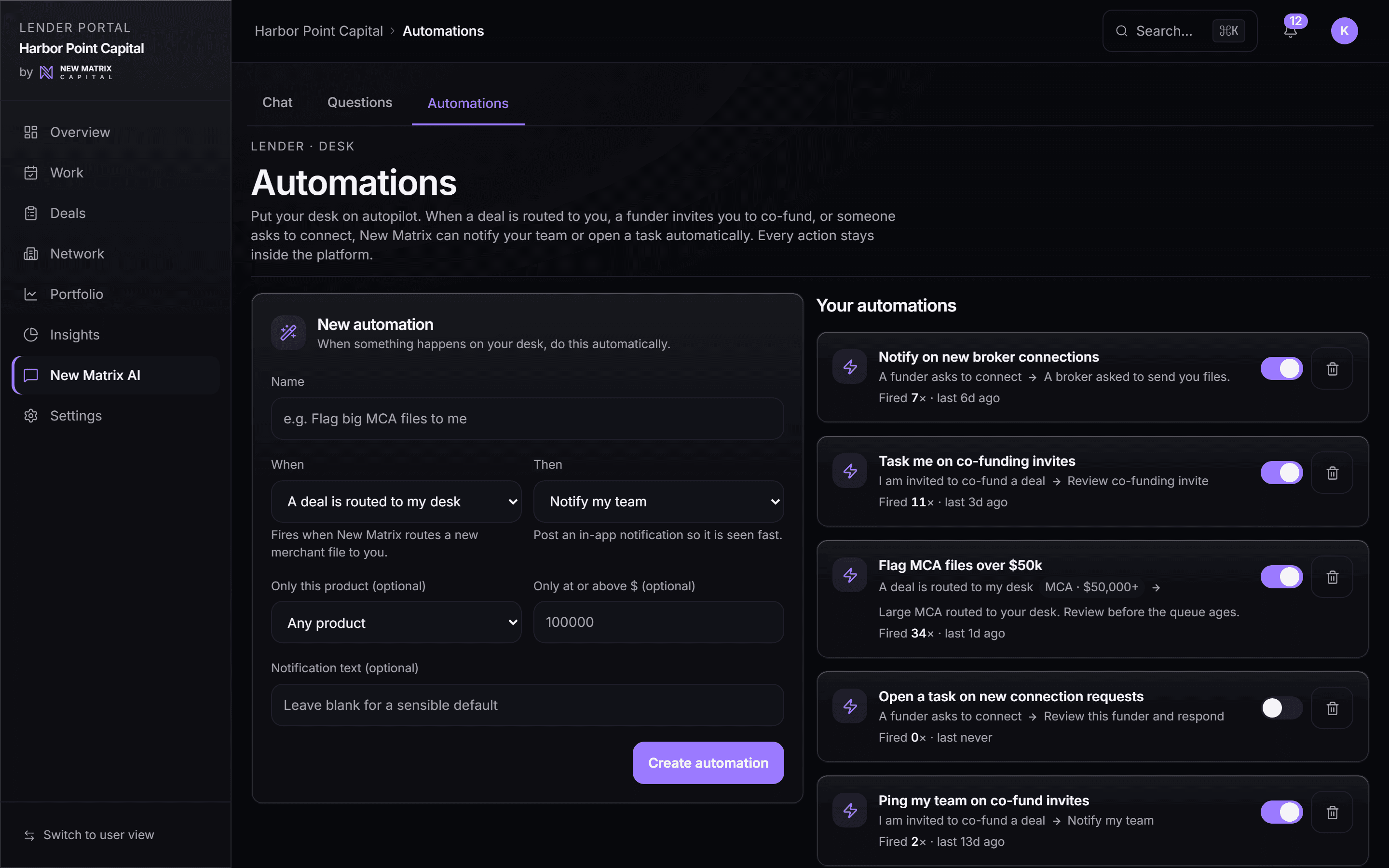 The lender automations desk: when a deal is routed to my desk, notify my team, with the rules a funder has switched on and how often each has fired, desktop view