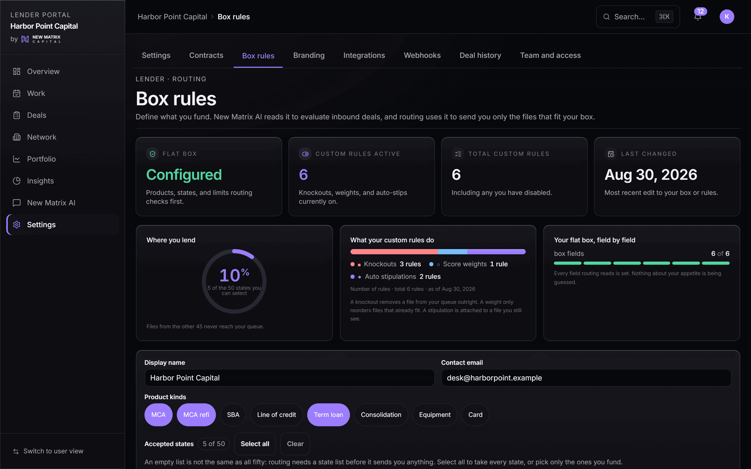 The Box rules screen: product kinds, accepted states, minimum revenue, maximum amount, time in business, and minimum FICO, desktop view
