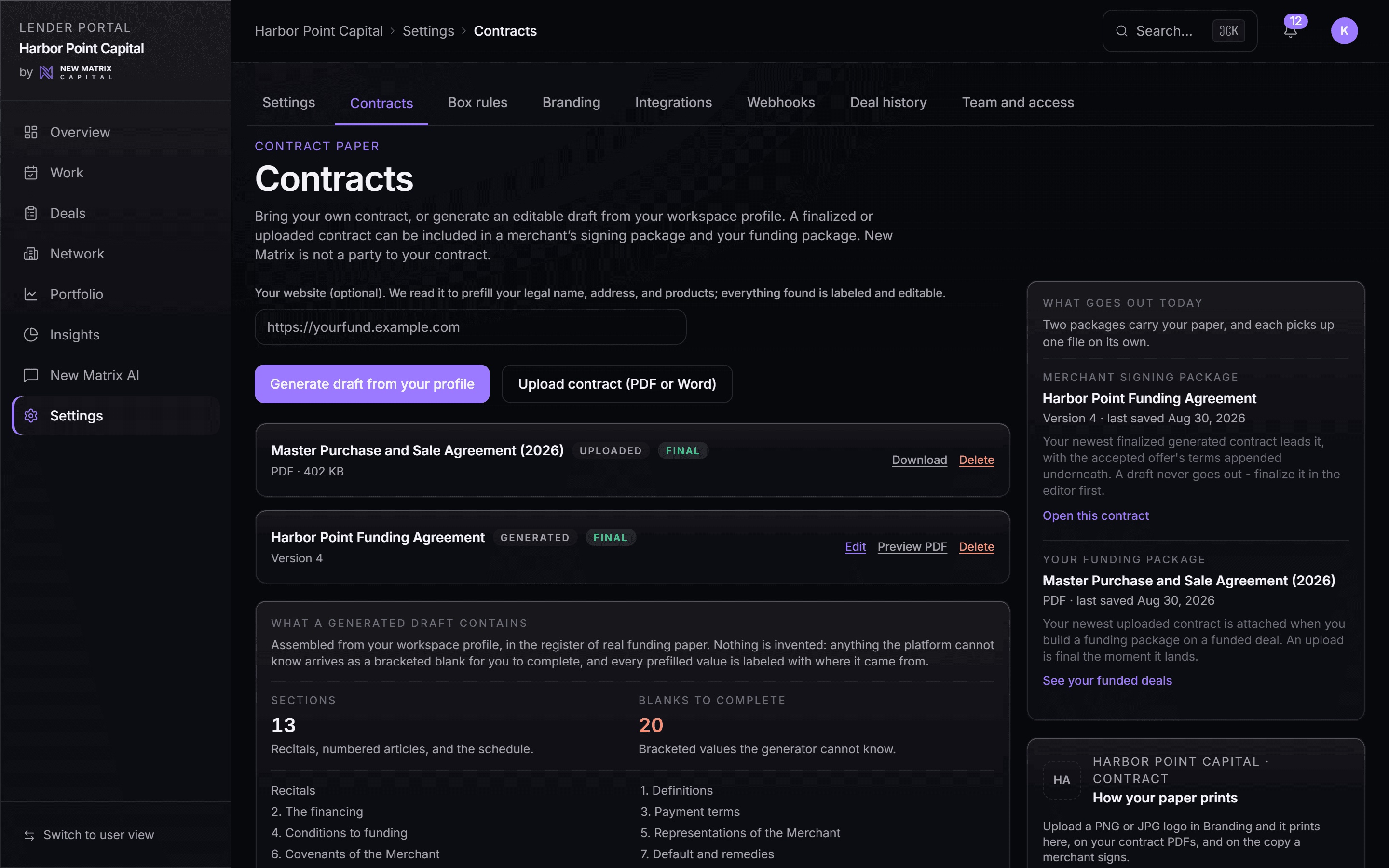 The contract suite on the funder's desk: an uploaded final agreement and a generated versioned one, with the paper each outgoing package carries