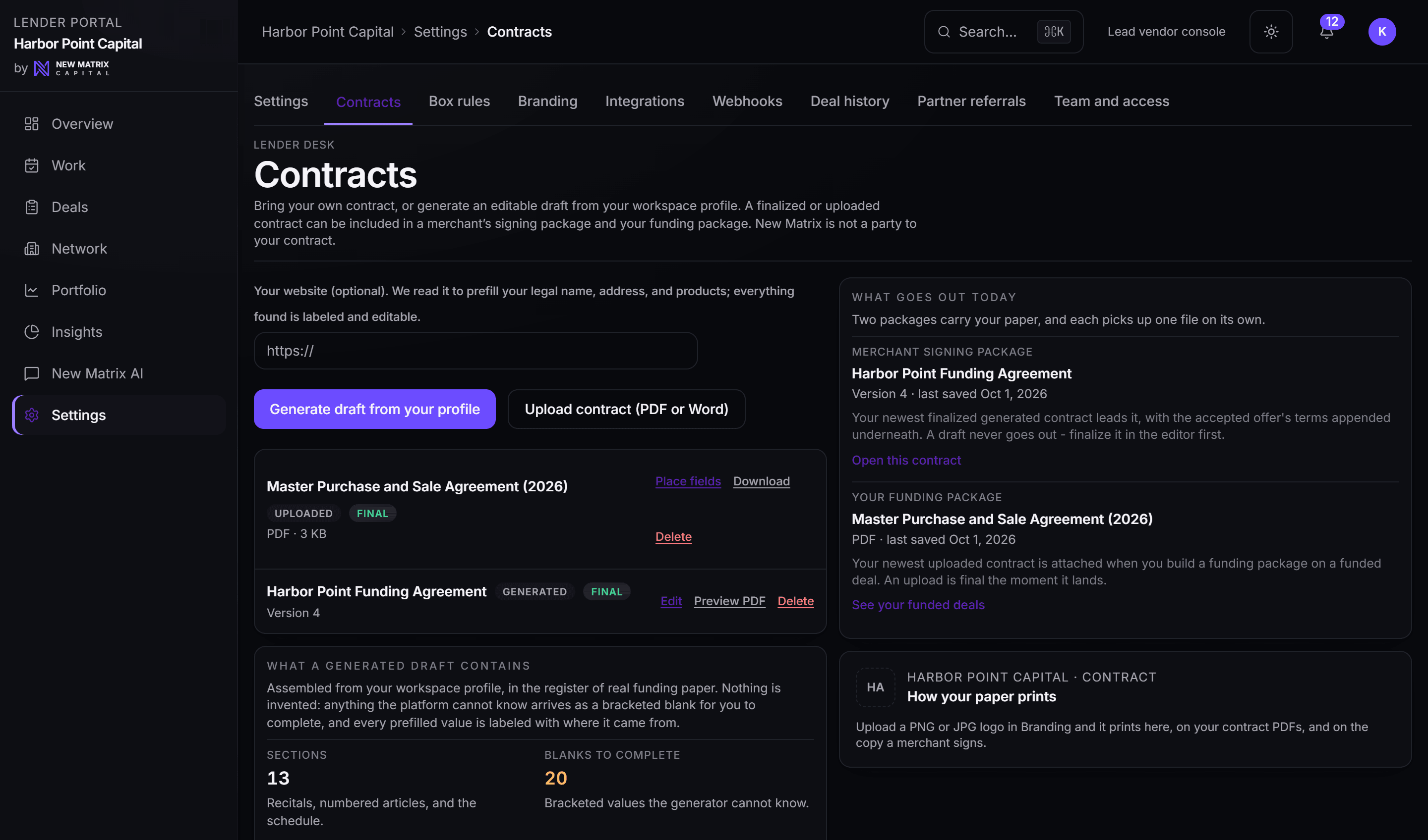A funder's contract paper on the platform desk: uploaded and generated agreements, finalized, with the paper each outgoing package carries