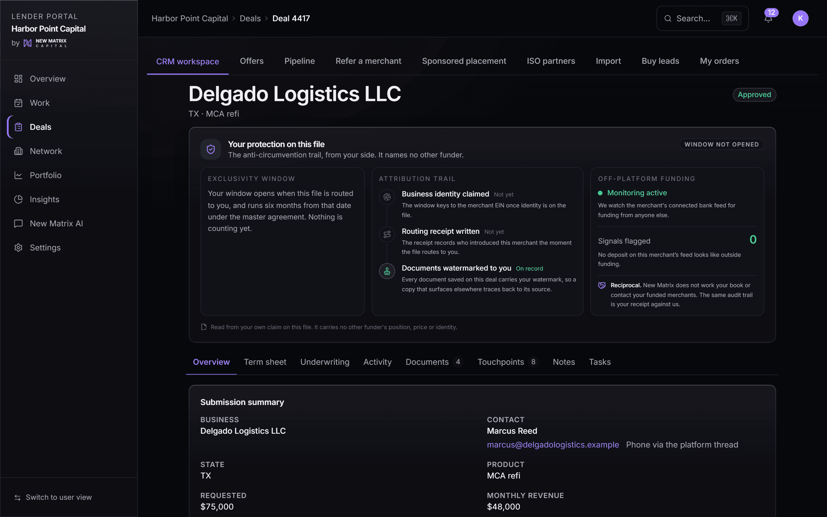 The attribution receipt on a funder deal file: exclusivity window, watermark trail, monitoring, desktop view