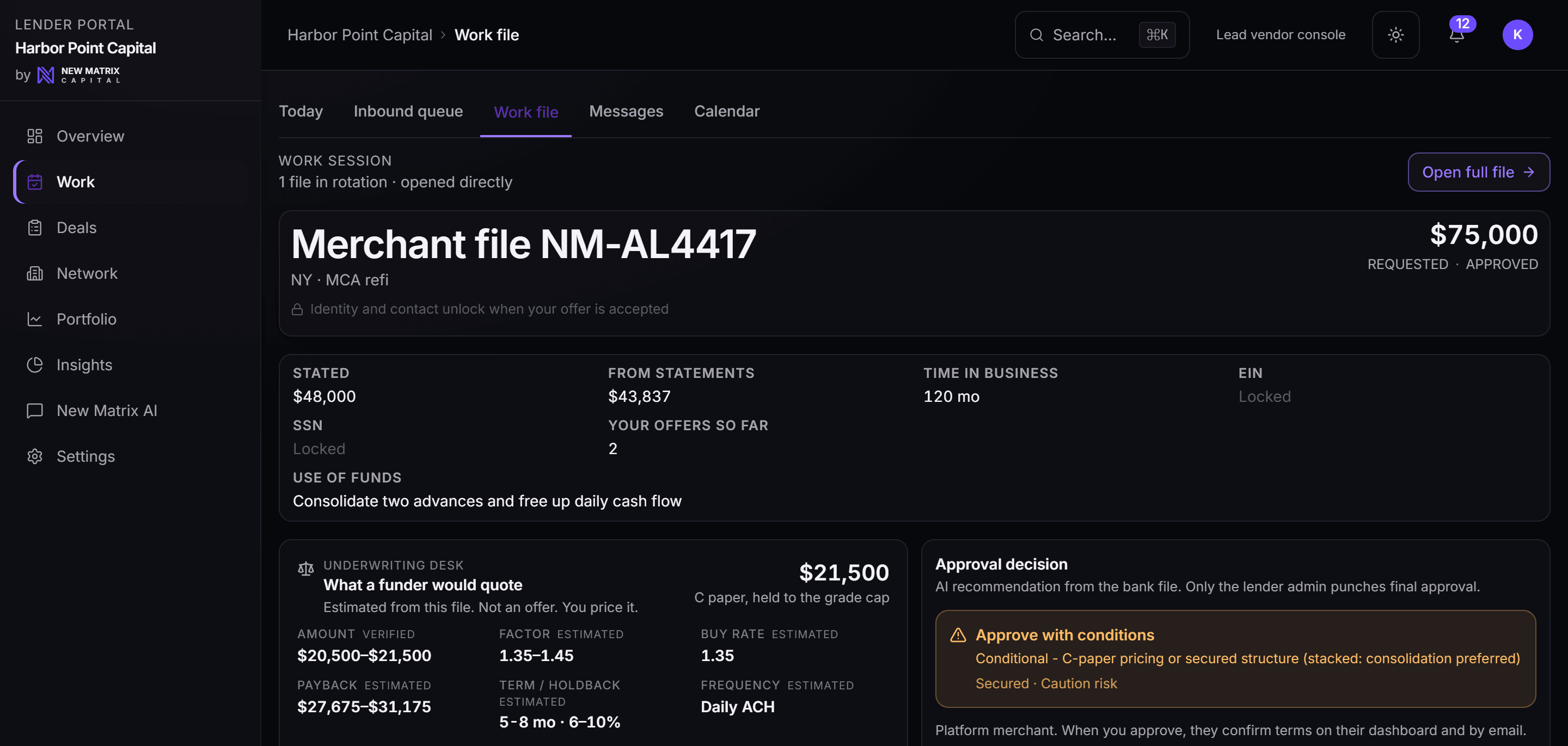 A funder's view of your file: the revenue you stated beside what your statements show, with your EIN and SSN locked until you accept an offer, desktop view
