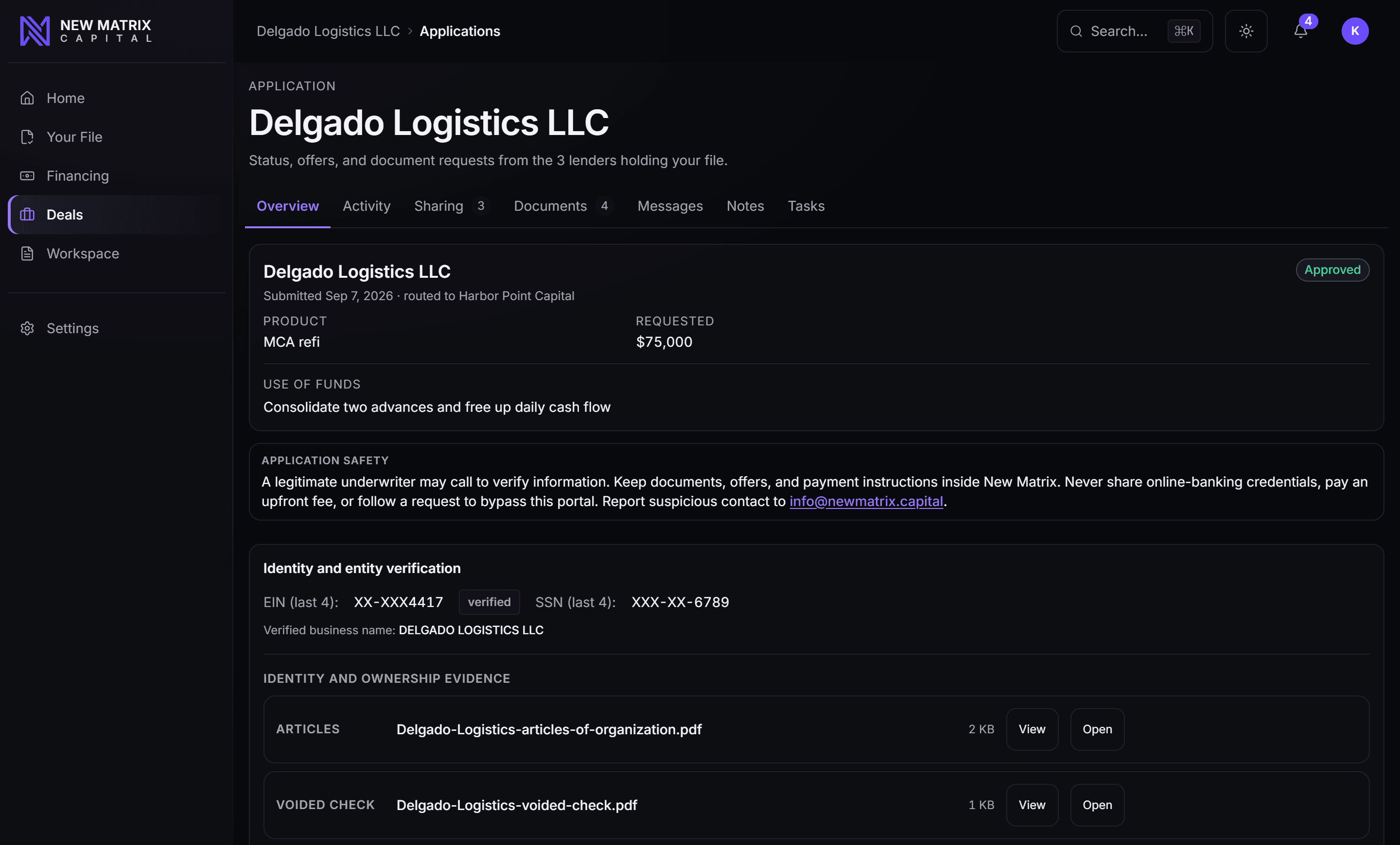 Your application: the product, the amount, what the money is for, and your verified business identity, desktop view