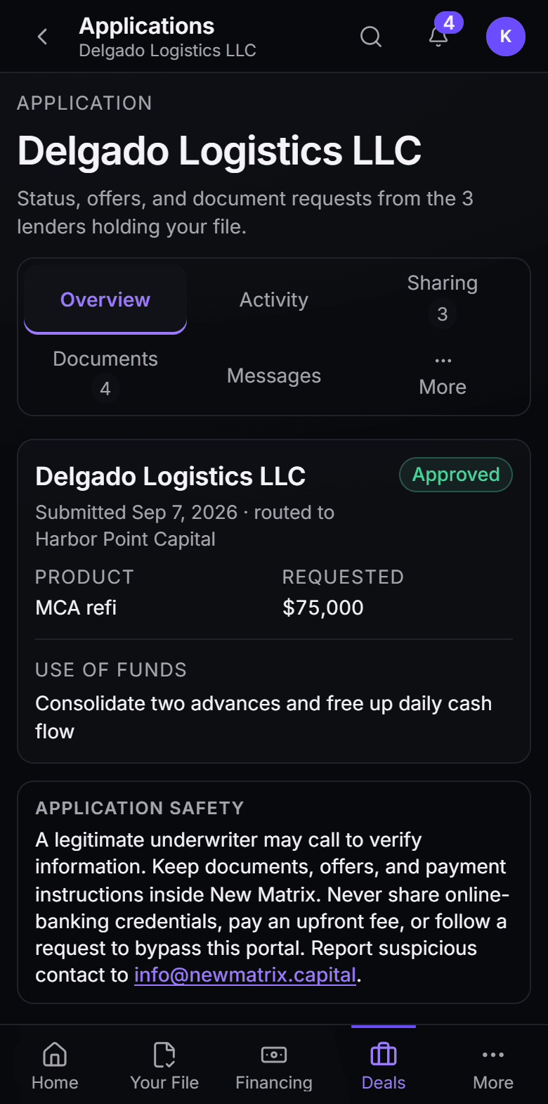 Your application: the product, the amount, what the money is for, and your verified business identity
