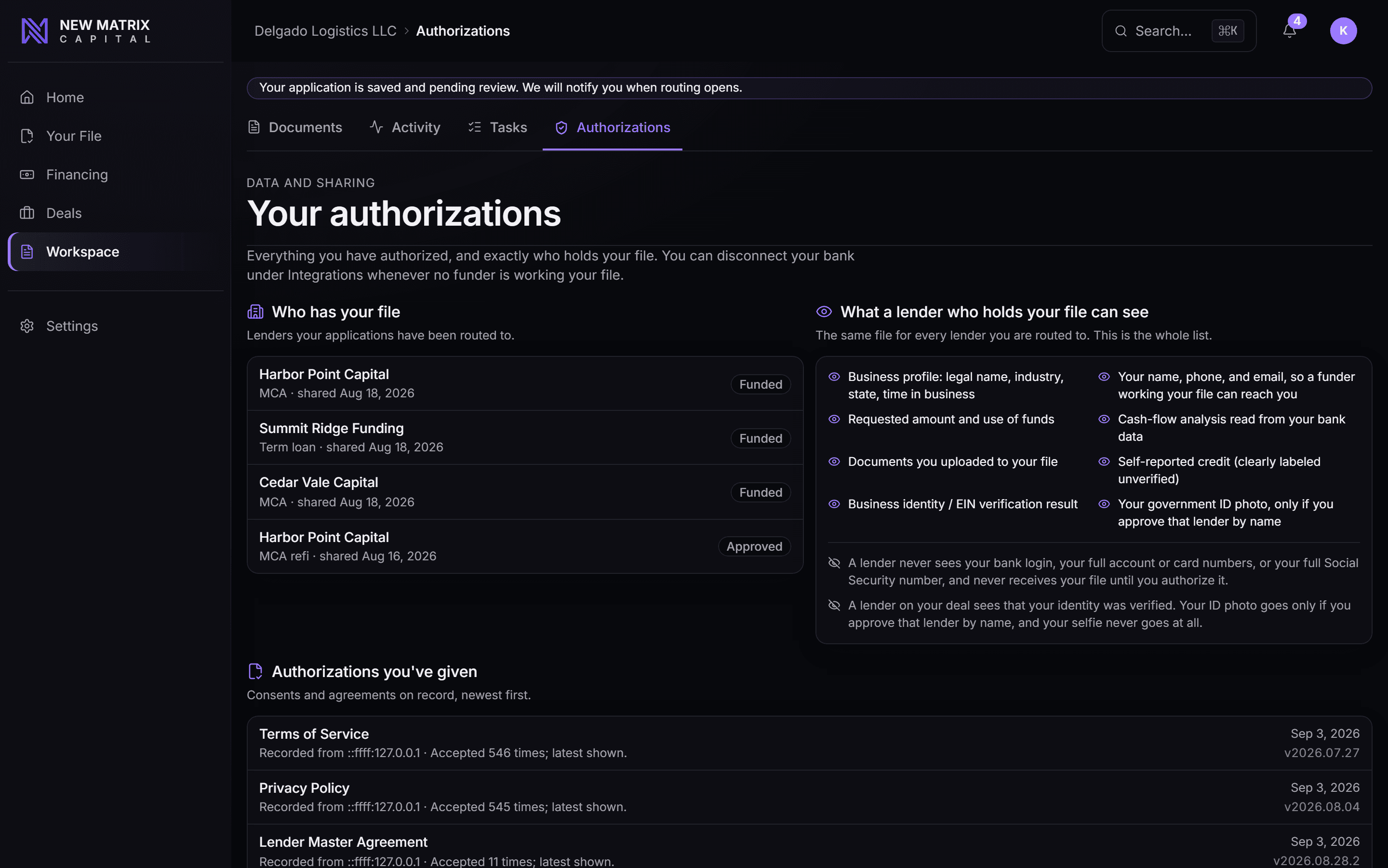 A merchant’s data and sharing record: which funders hold the file, what each can see, and the authorizations on record