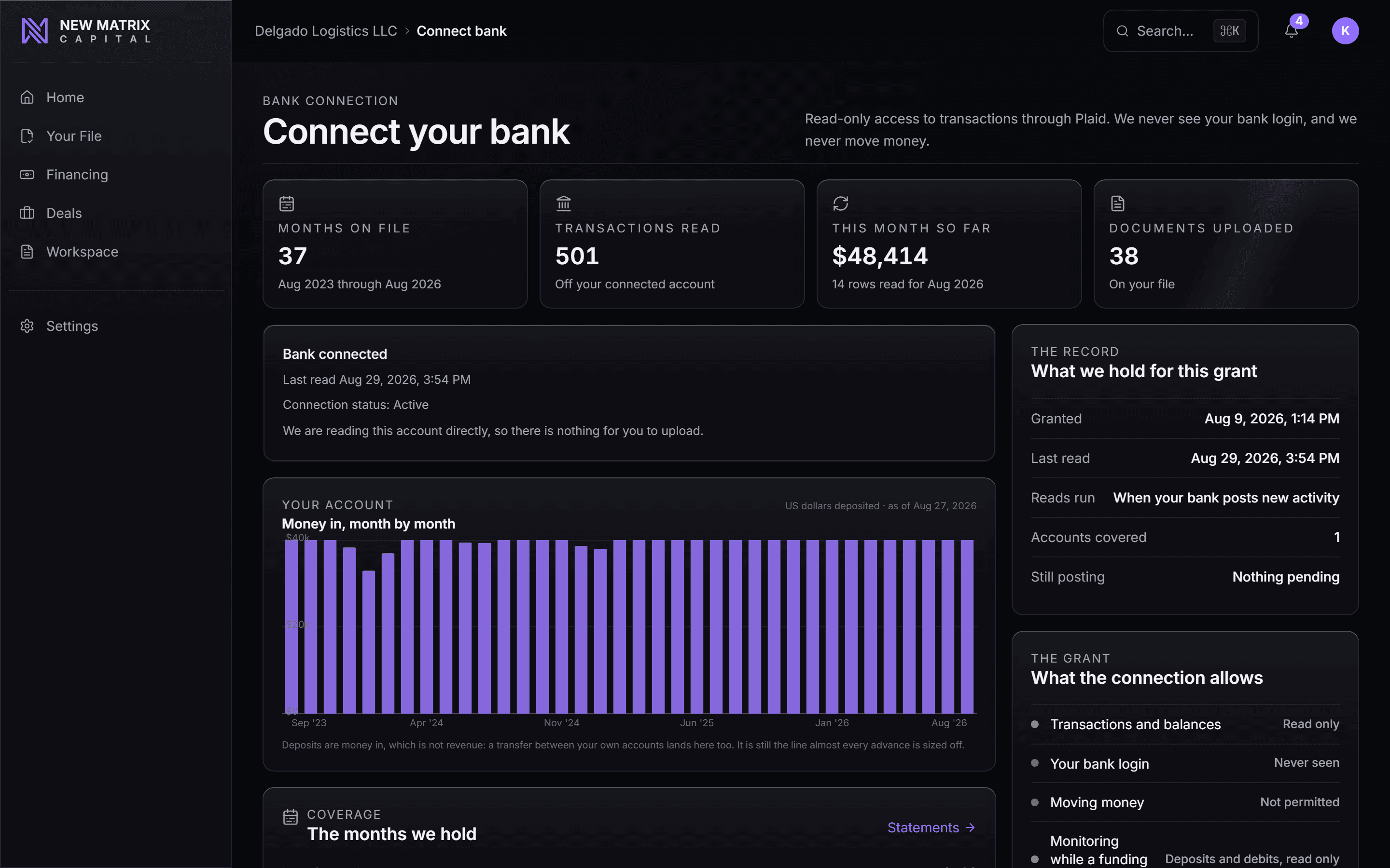 Your connected account: deposits by month, statement coverage, and what the file holds, desktop view