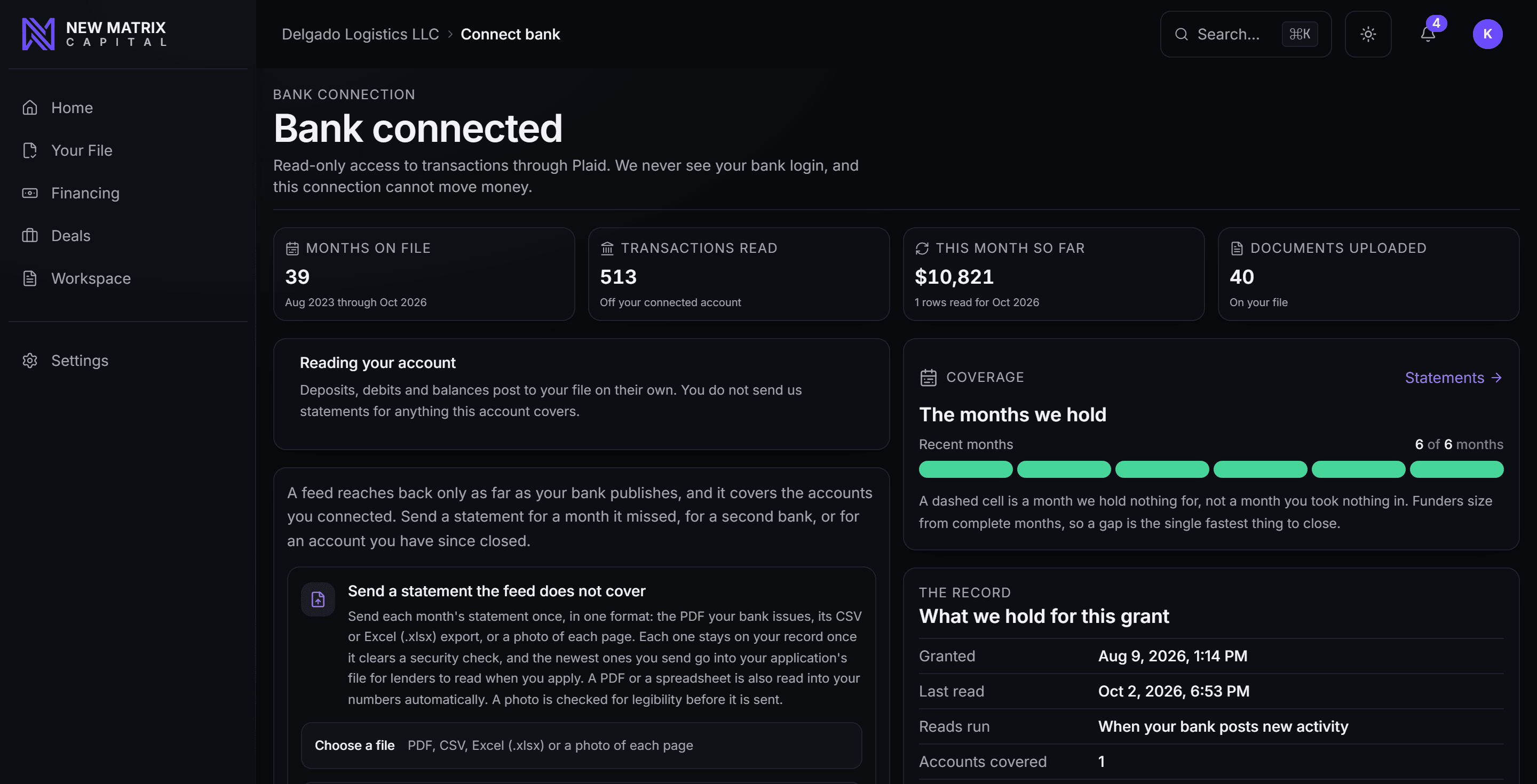 Your connected account: deposits by month, statement coverage, and what the file holds, desktop view