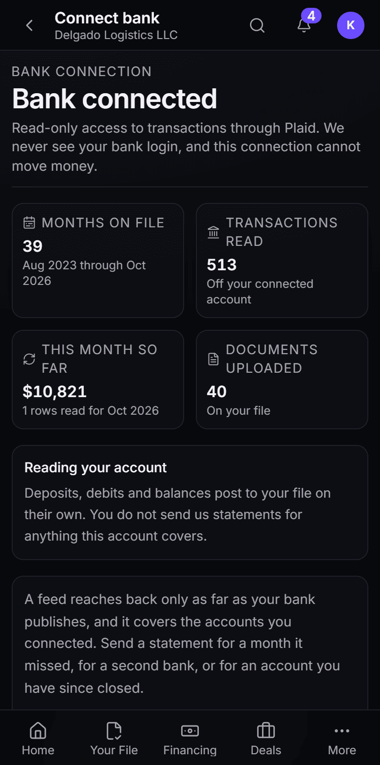 Your connected account: deposits by month, statement coverage, and what the file holds