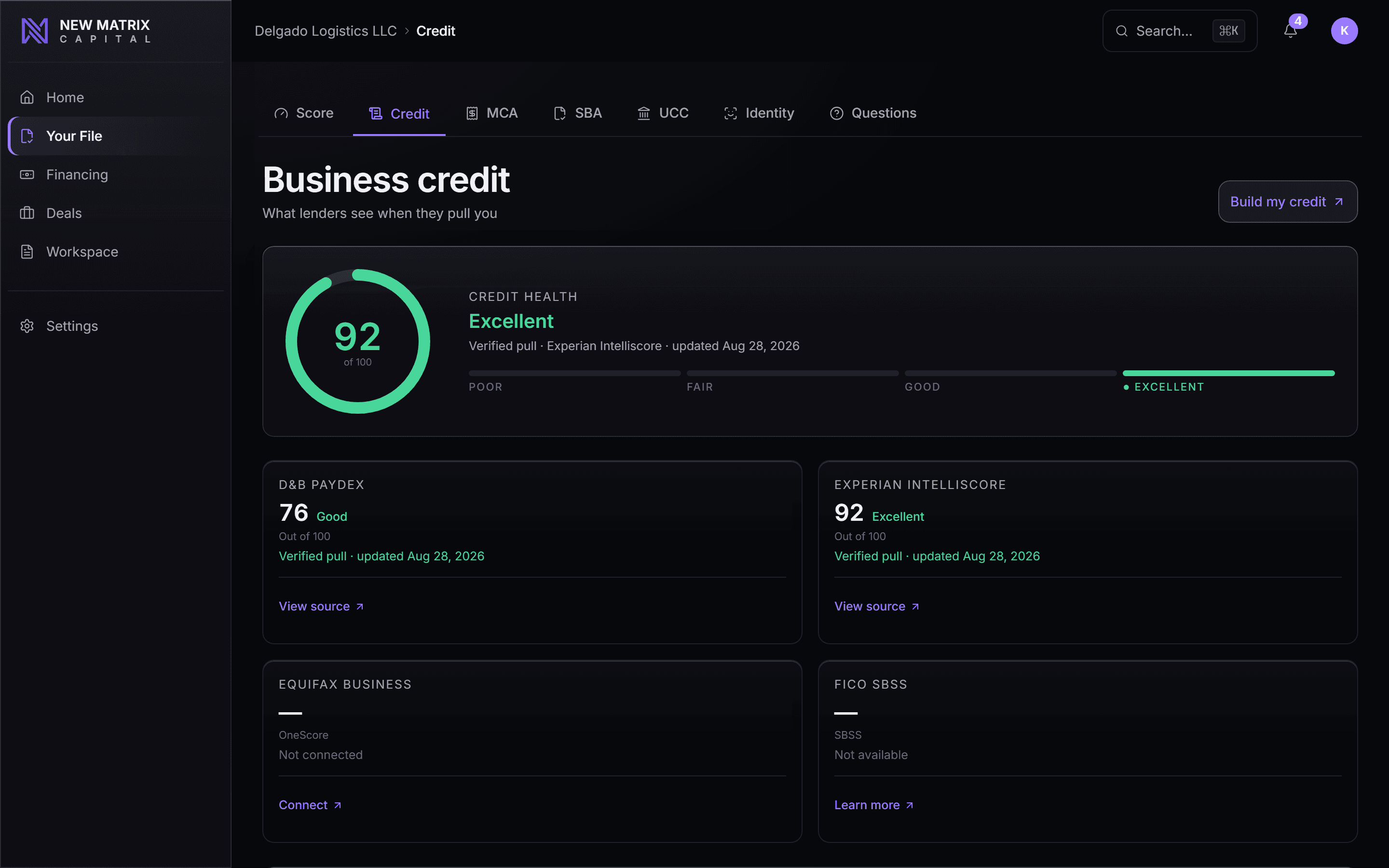 Business credit on your file, each value labeled by the source that supplied it, desktop view