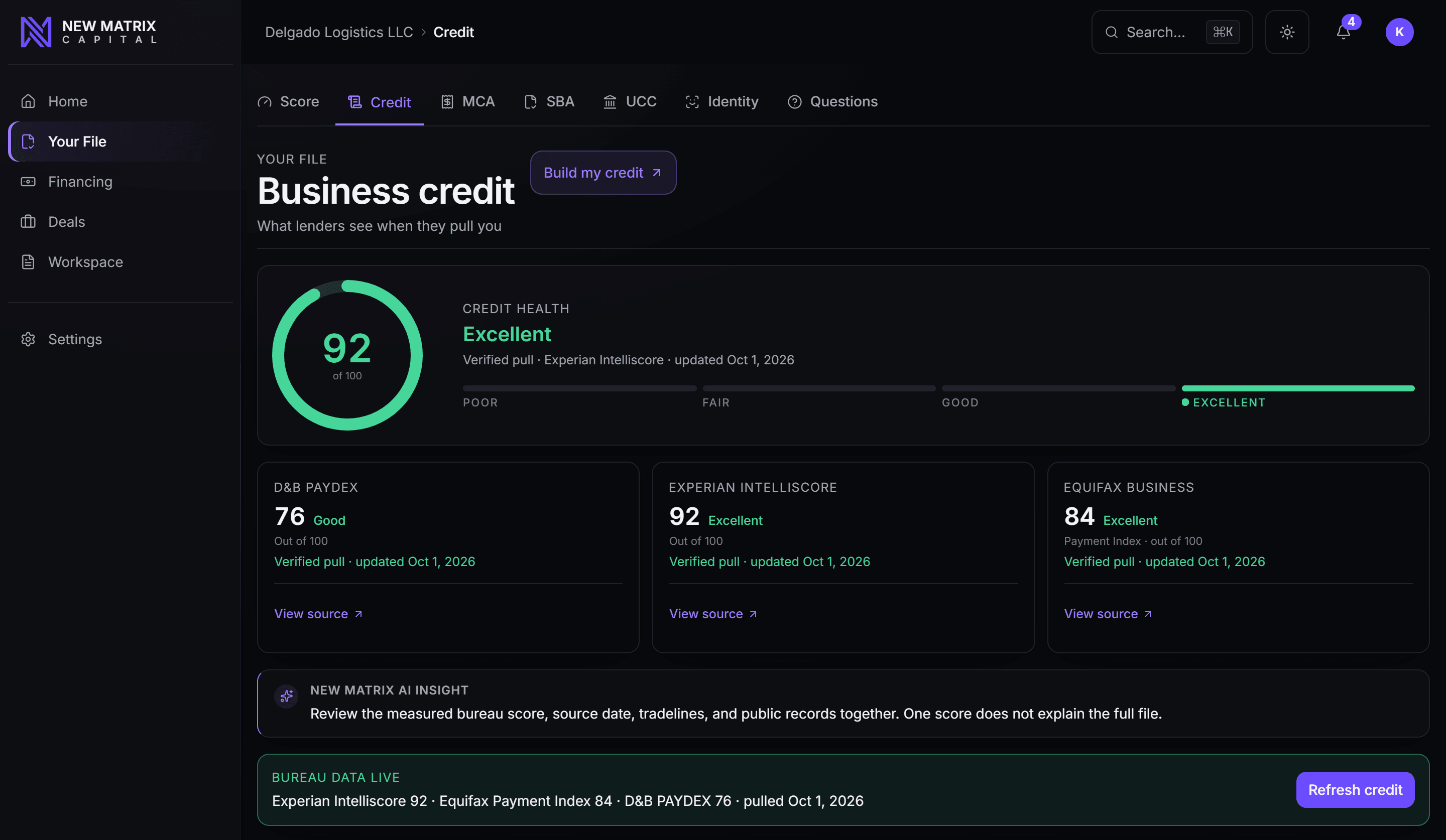 Sample business-credit profile on a merchant file, each value labeled by its source, desktop view