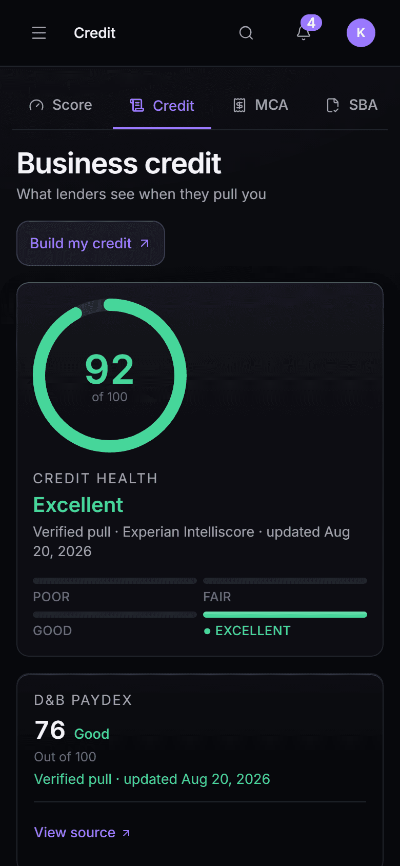 Business credit & monitoring in the New Matrix console, mobile view