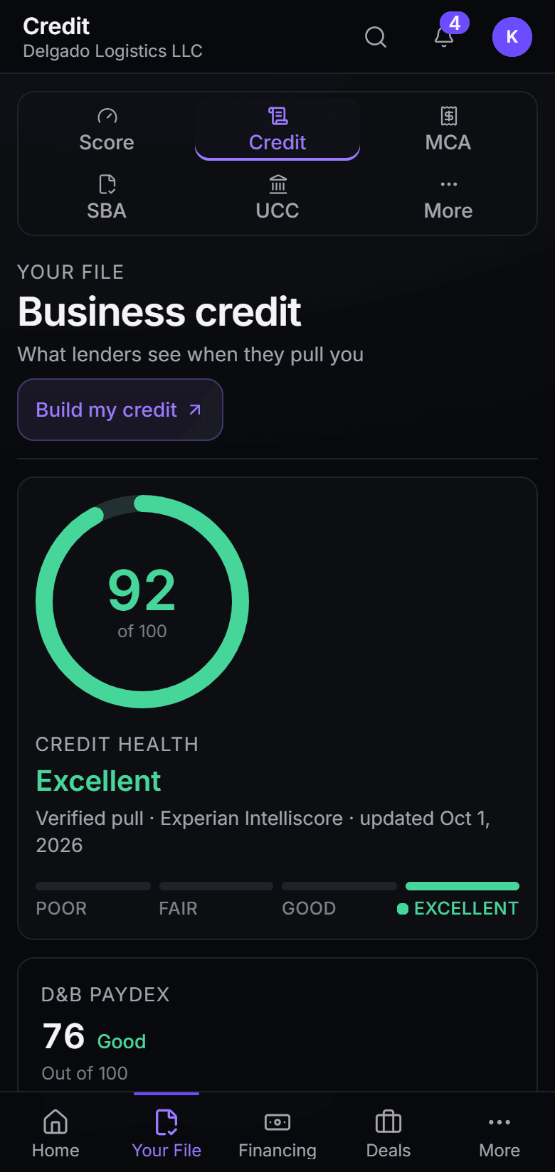 Business credit & monitoring in the New Matrix console, mobile view