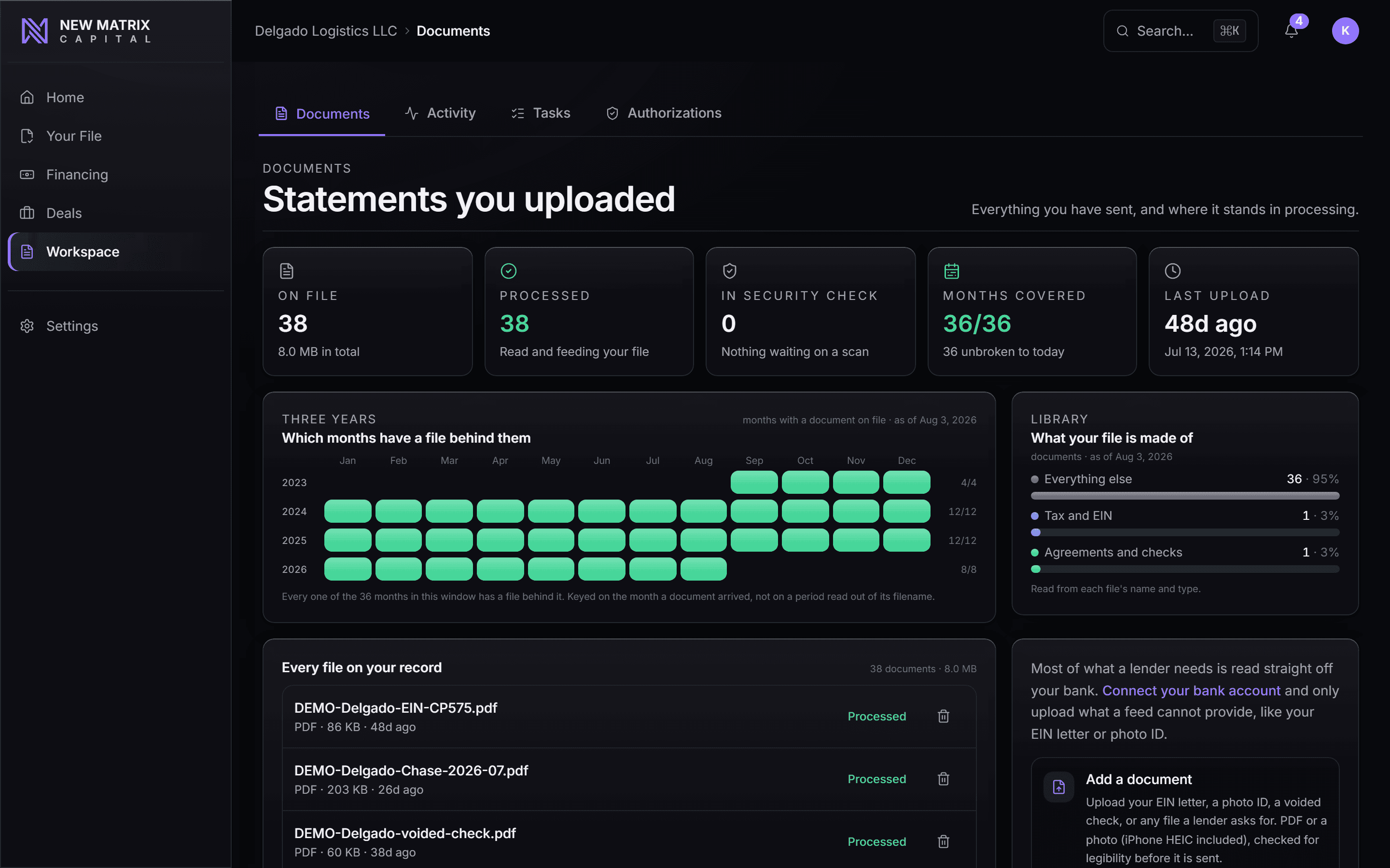 Your document vault: every upload and every month the bank connection covers, desktop view