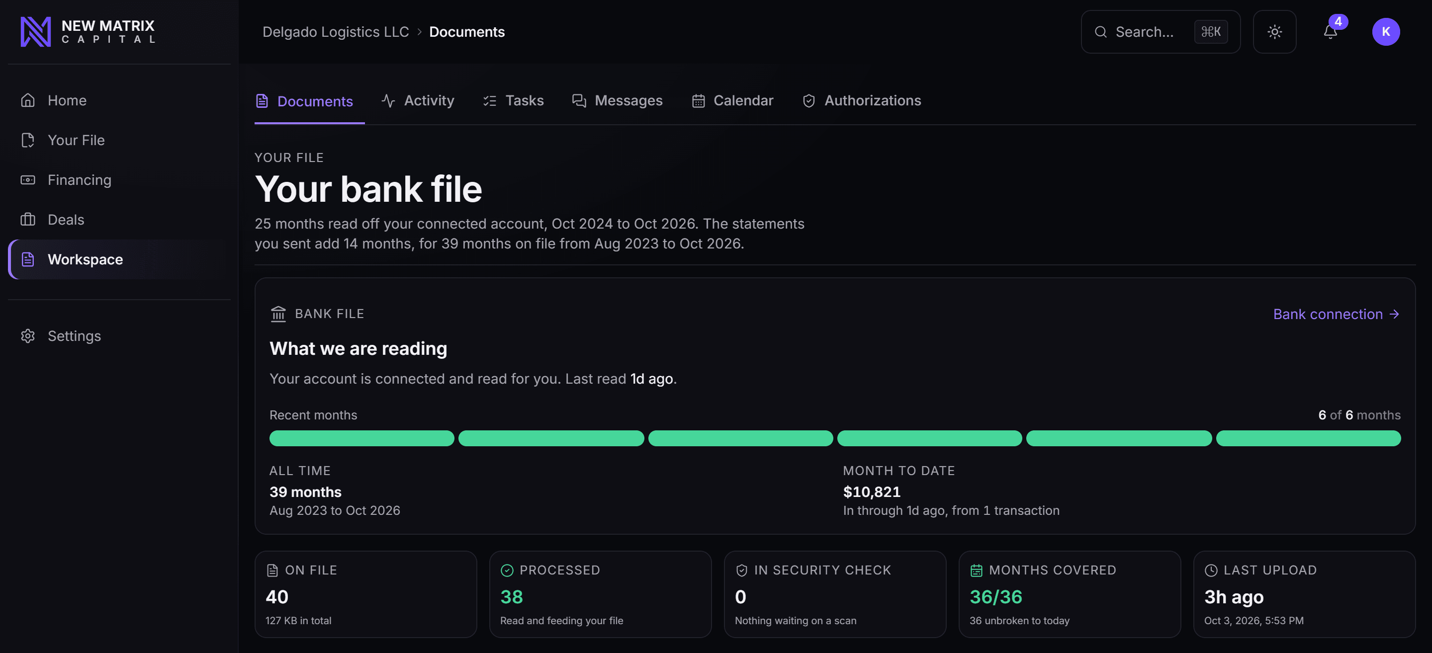 Your bank file: every month the bank connection covers, the months your uploads add, and every file on record, desktop view