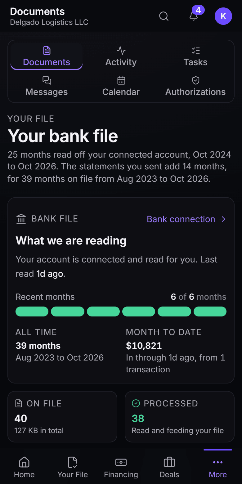 Your bank file: every month the bank connection covers, the months your uploads add, and every file on record