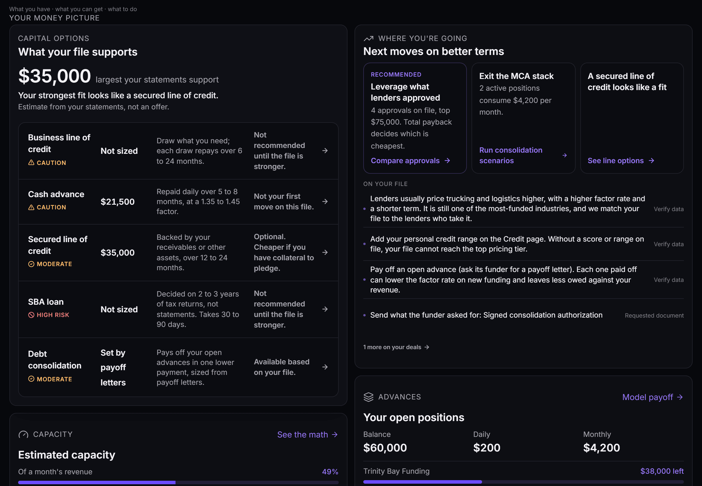 The assembled file: each financing lane sized from the statements, the open advances read from the bank, and estimated capacity, desktop view