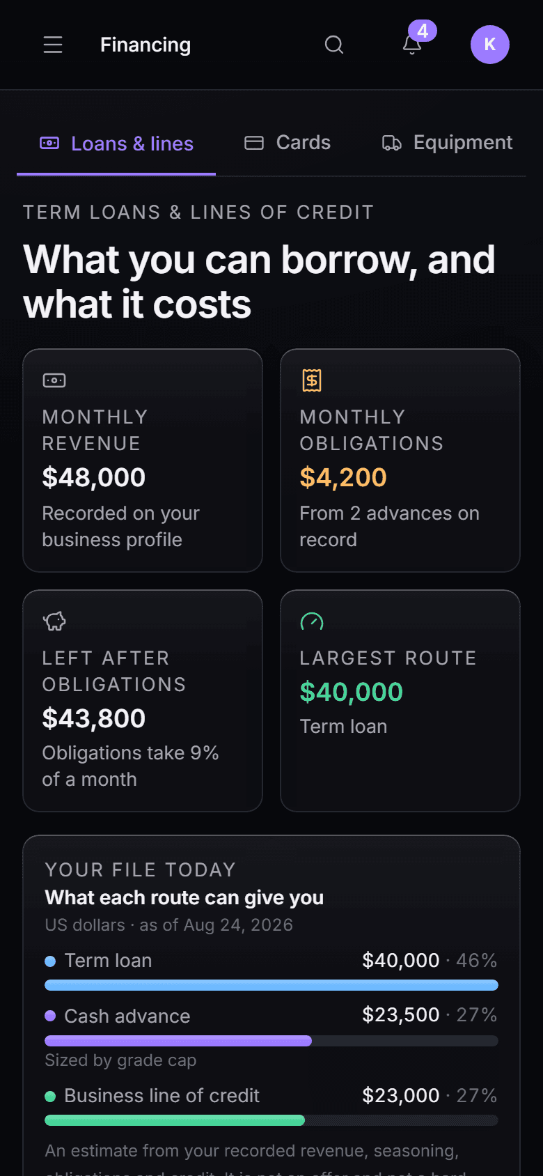 Term loans & lines of credit in the New Matrix console, mobile view