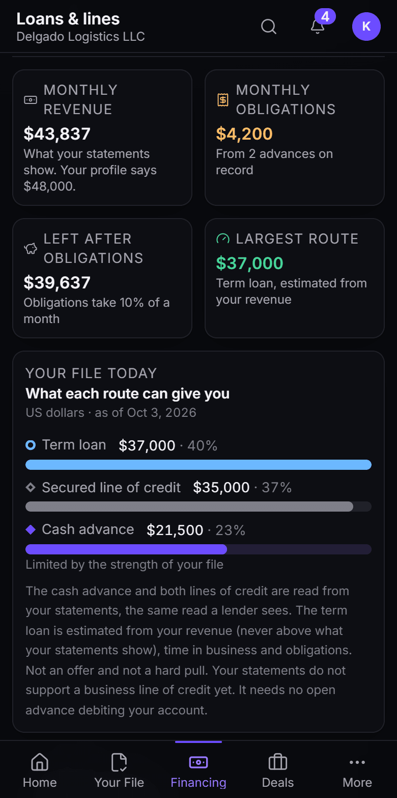 Term loans & lines of credit in the New Matrix console, mobile view