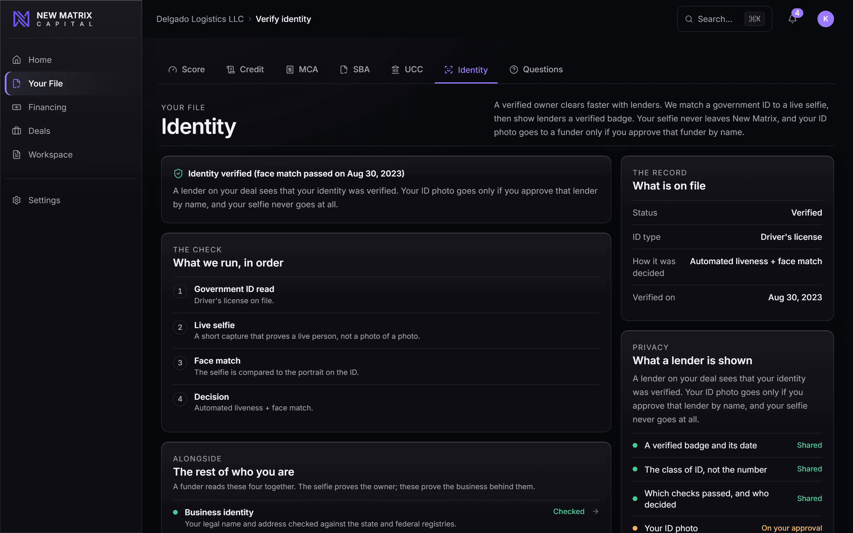 A verified identity on a merchant file: the checks that ran, what is on the record, and the date it was settled, desktop view