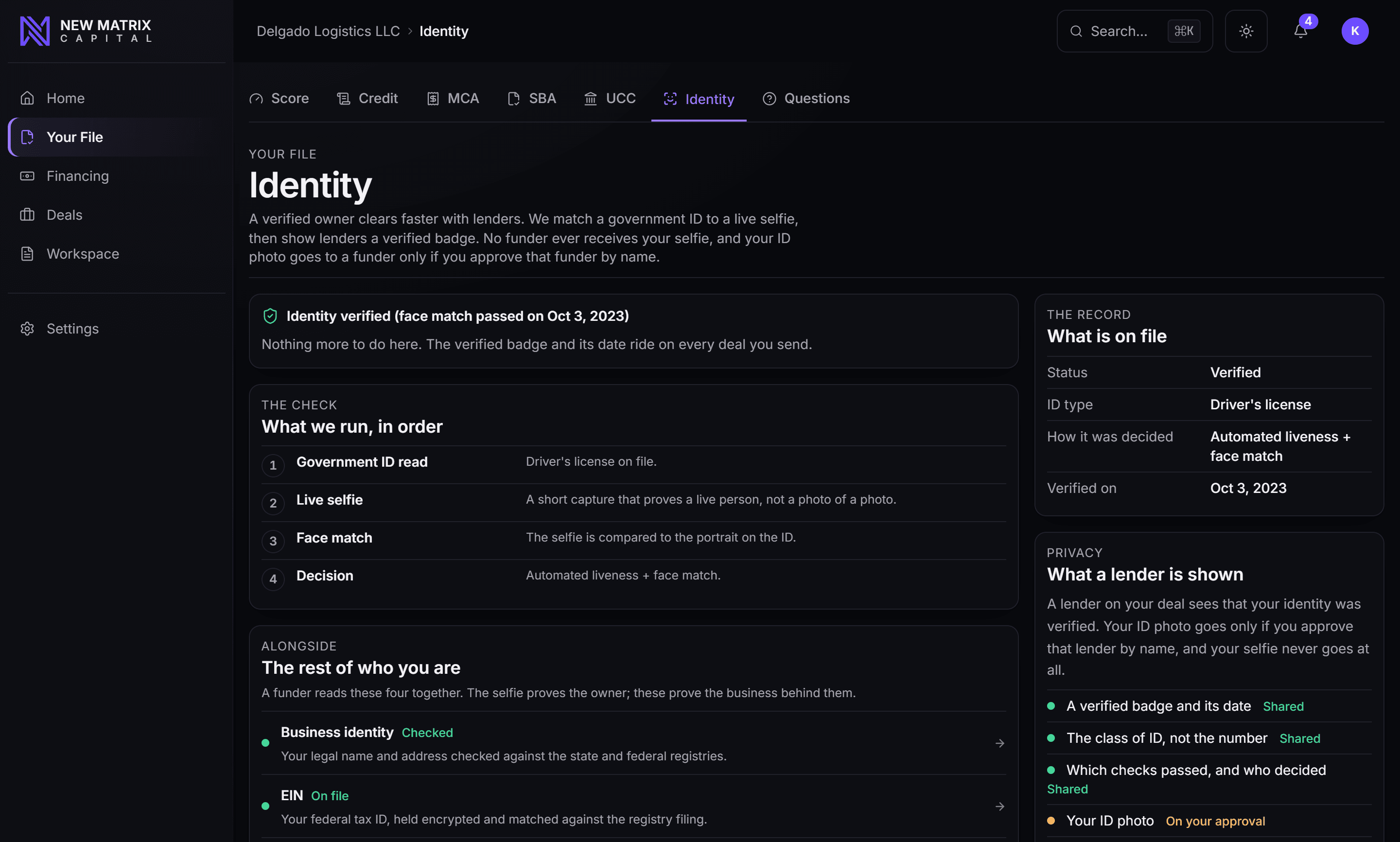 A verified identity on a merchant file: the checks that ran, what is on the record, and the date it was settled, desktop view