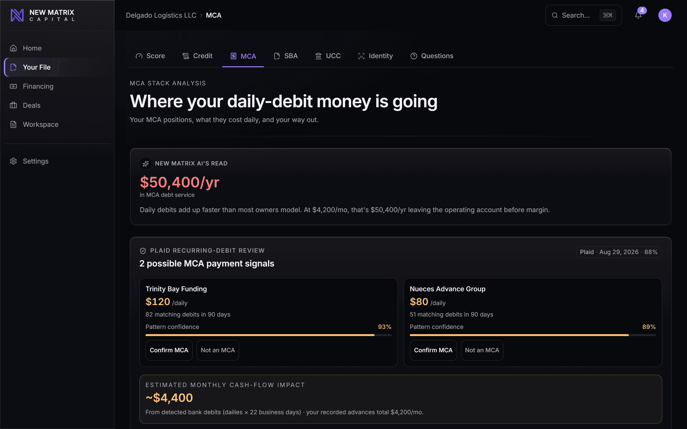 Stacked positions, monthly remittance, and what a refinance would take out, desktop view