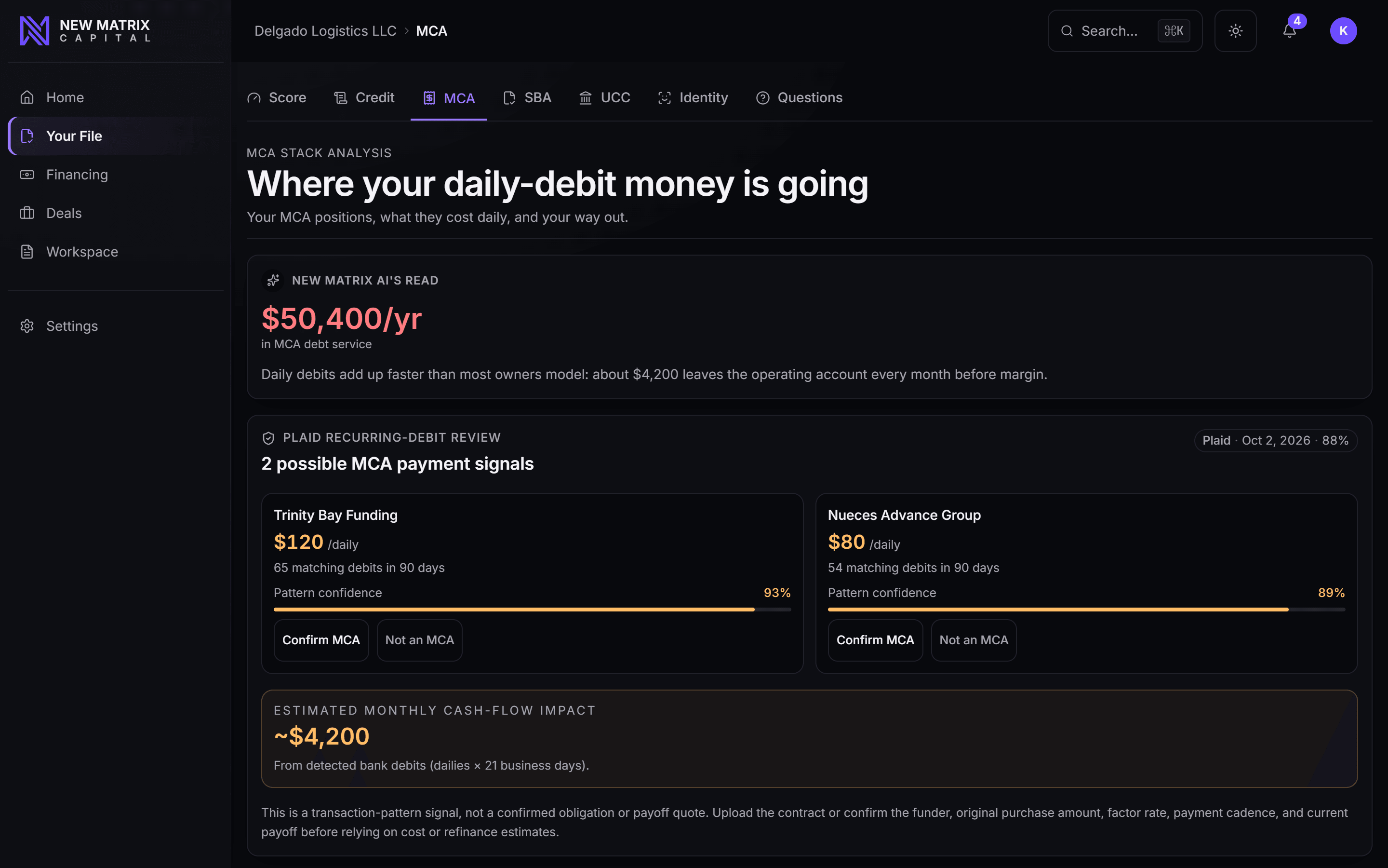 New Matrix AI's read of the account: the advance debits it found, what they cost a year, and the review it ran, desktop view
