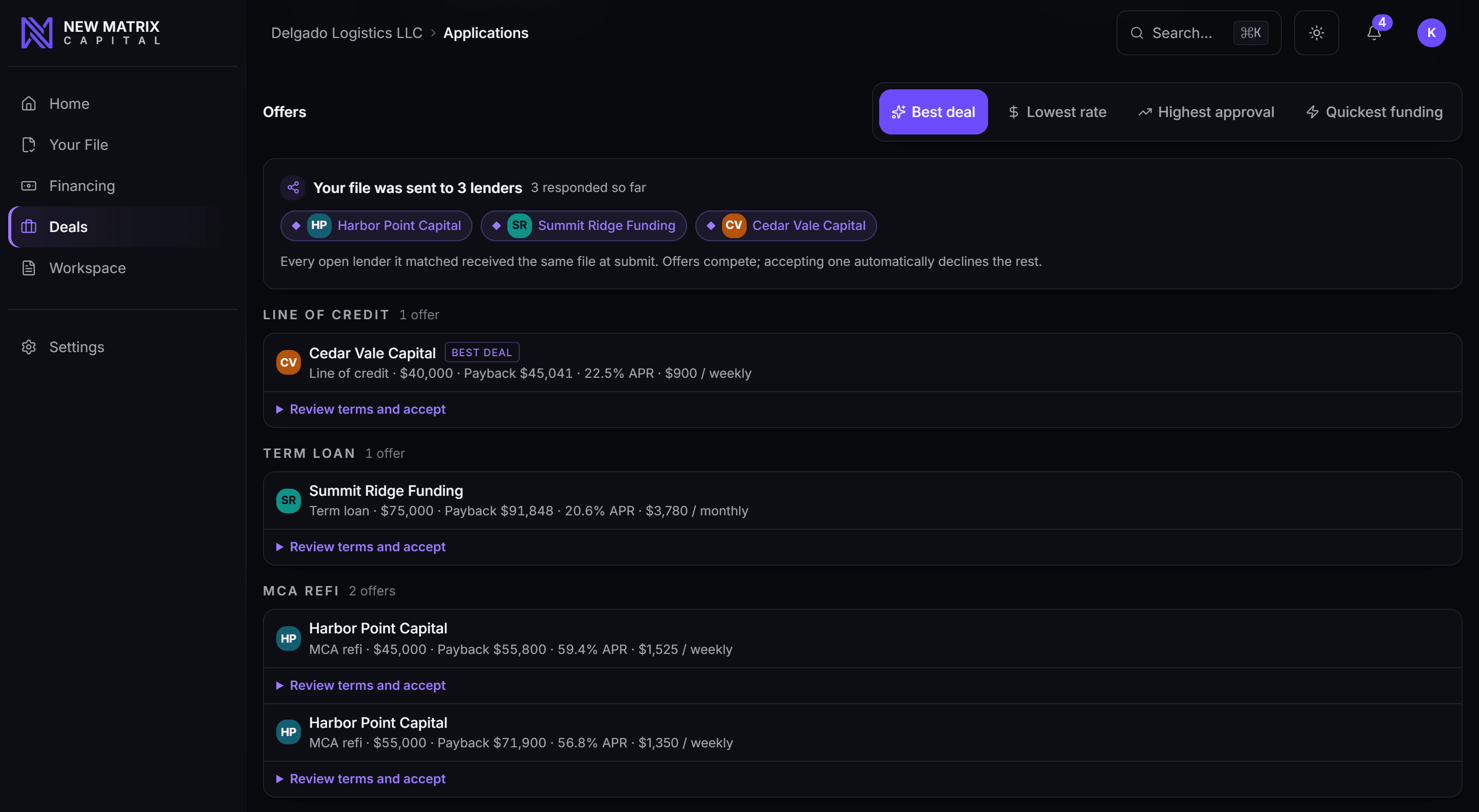 Your offers from three funders, grouped by product: each with its amount, total payback, APR and payment, the best deal marked, and its own Review terms and accept, desktop view