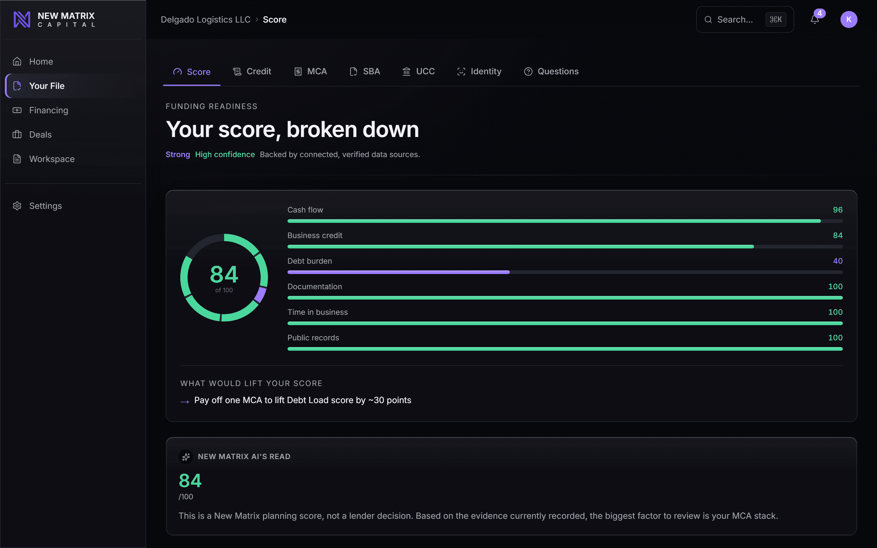 Every factor a lender reads, scored, with what would lift it, desktop view