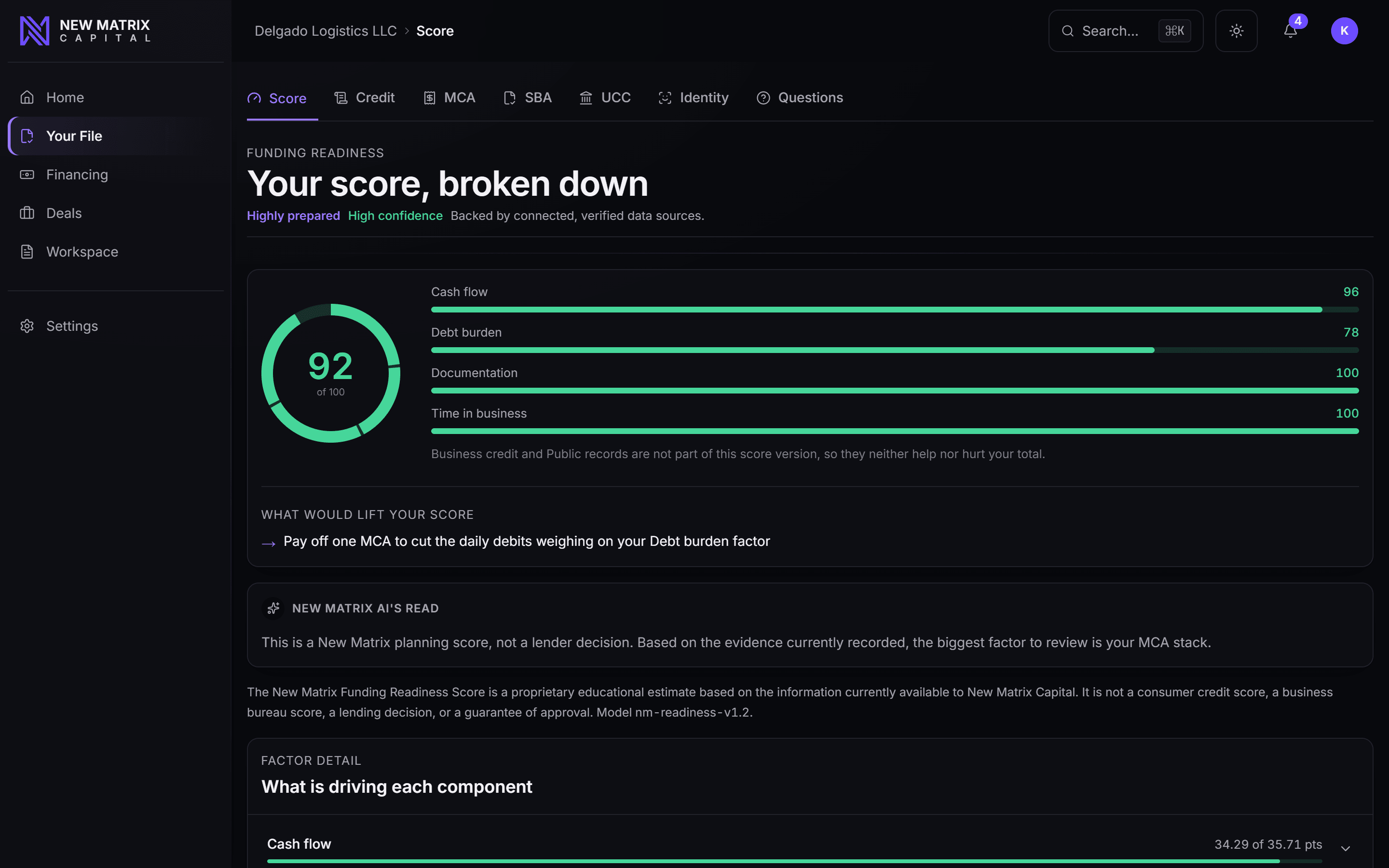 Every factor a lender reads, scored, with what would lift it, desktop view