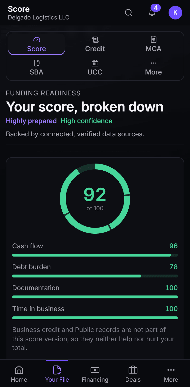 The Matrix Score on a phone: every factor a lender looks at, scored and sourced