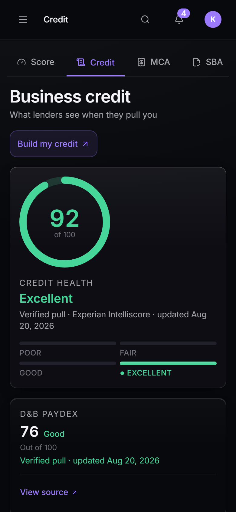 Business credit & monitoring in the New Matrix console, mobile view